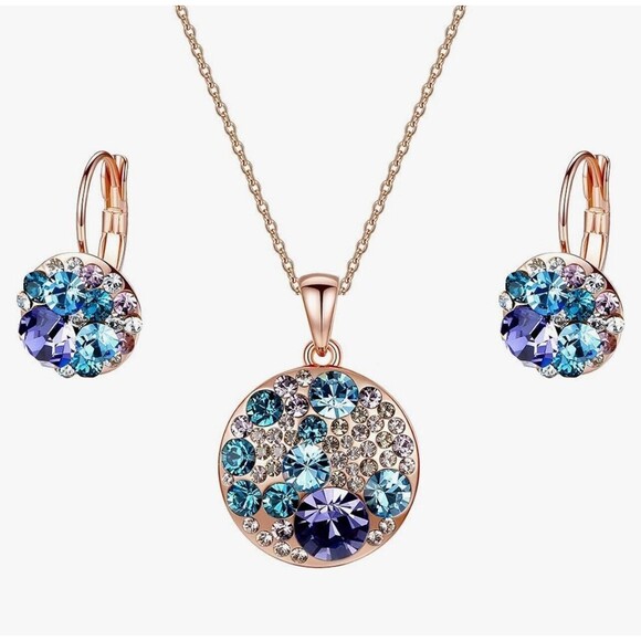 EVEVIC Austrian Crystal Round Disc Pendant Necklace Earring Set New - Picture 1 of 10